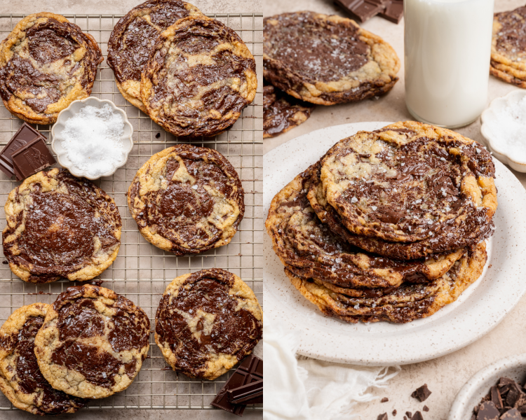 Side-by-side photo of chocolate chunk cookies cooling on a wire rack garnished with flaky salt and then three cookies stacked on top of each other on a plate.