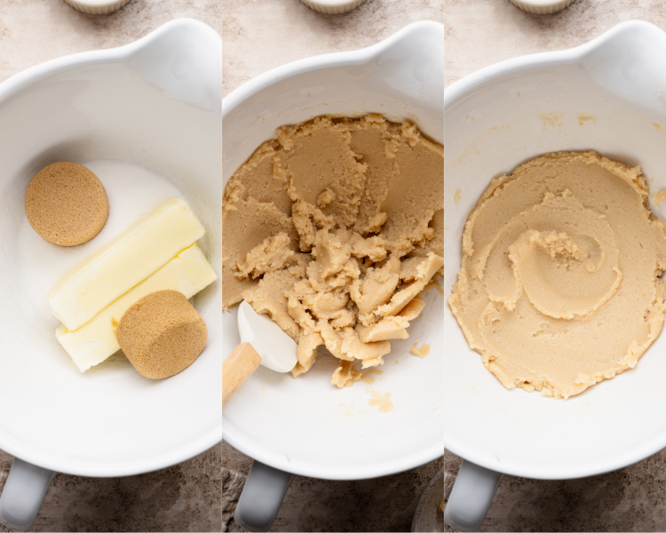 Three images side-by-side of beating sugar and butter together in a bowl.