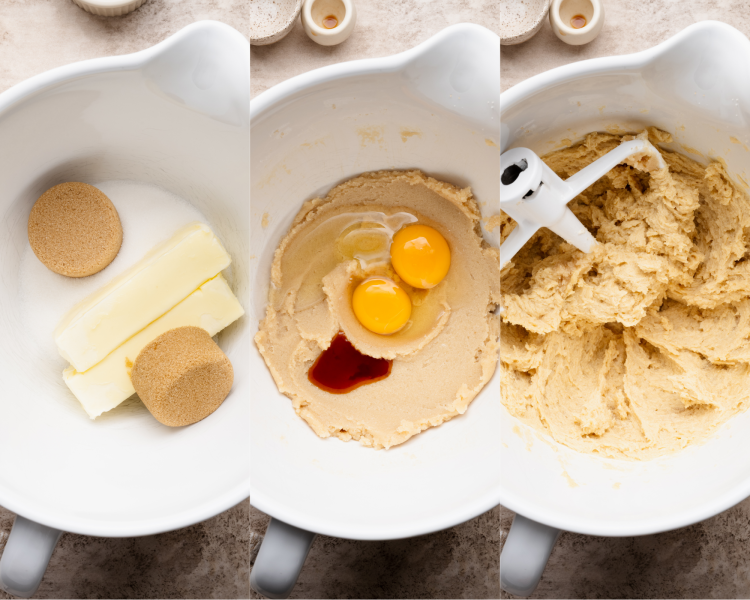 Three images side by side of mixing the wet ingredients together in a mixing bowl.