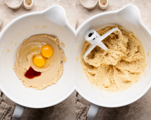 Side-by-side image of adding the eggs, vanilla, and water and mixing to combine.
