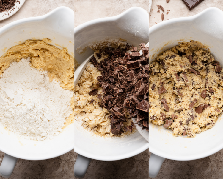 Three images side-by-side of combining all the ingredients together to form the cookie dough.
