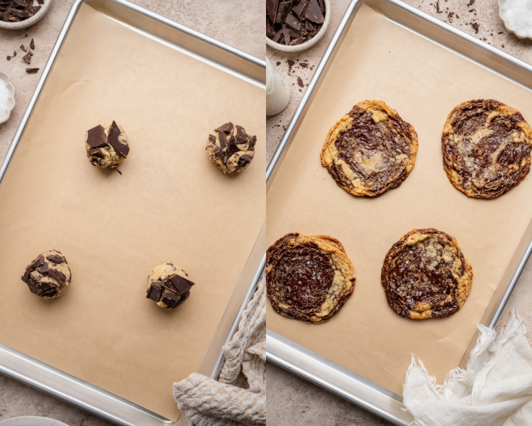 Side-by-side image of four cookie dough balls placed on a parchment lined baking sheet then baked and banged on the counter.