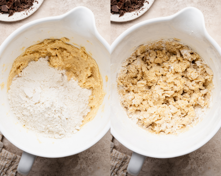 Side-by-side image of adding the dry ingredients to the wet ingredients and mixing to combine.