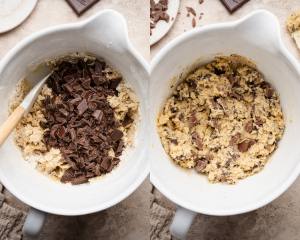 Side-by-side image of adding the chopped chocolate to the cookie dough and folding to combine.