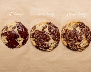 Three images showing the cookies after taking out of the oven each time to ban.