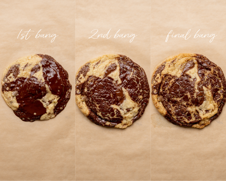 Three images showing the cookies after taking out of the oven each time to ban.