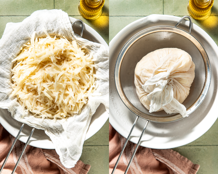Side-by-side image of draining the shredded potatoes in a fine mesh strainer.