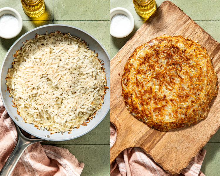 Side-by-side image of cooking the first side of the potato pancake then flipping onto a cutting board.