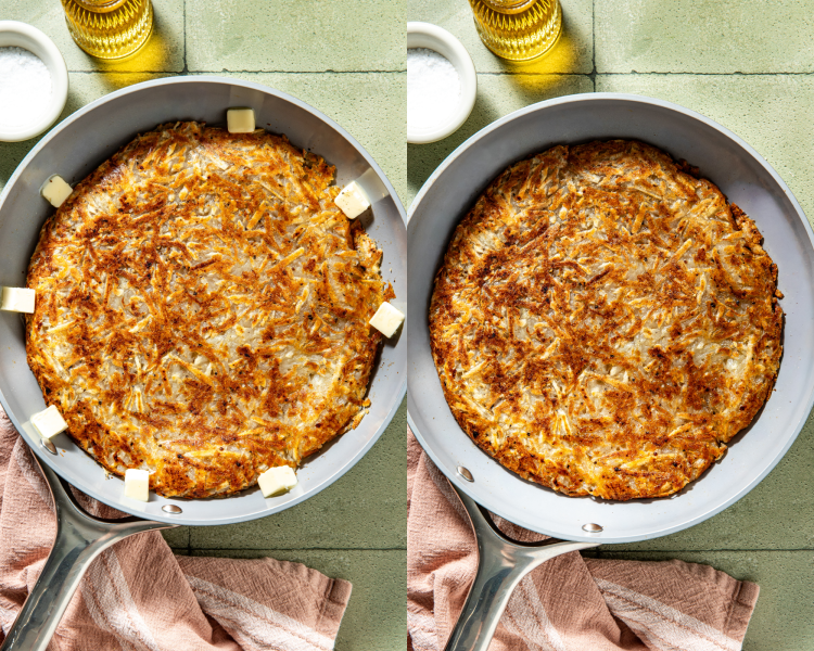 Side-by-side of adding cubes of butter to outside edge of potato and cooking until butter is melted.