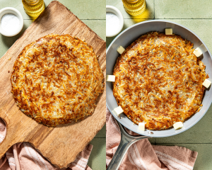 Side-by-side of flipped pancake on cutting board then adding back to the pan and adding cubes of butter around the edge.