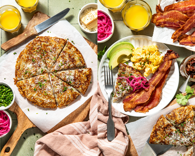 Side-by-side of cutting the potato pancake into slices then serving one slice on a plate with eggs, bacon and avocado.
