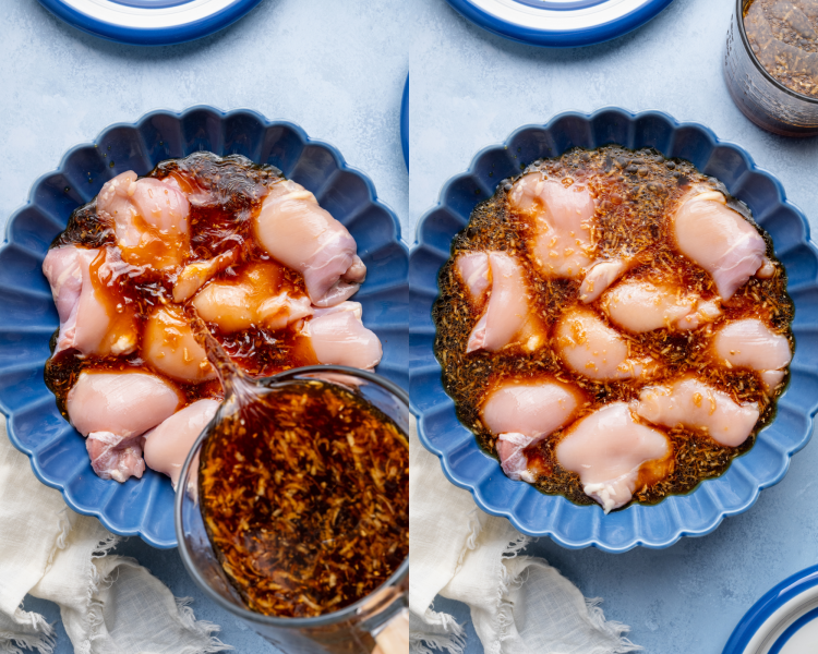 Side-by-side image of pouring sauce over chicken thighs in a bowl and letting them marinate for 30 minutes up to 8 hours.