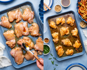 Side-by-side image of spooning more sauce over chicken thighs then baking for 15 minutes.