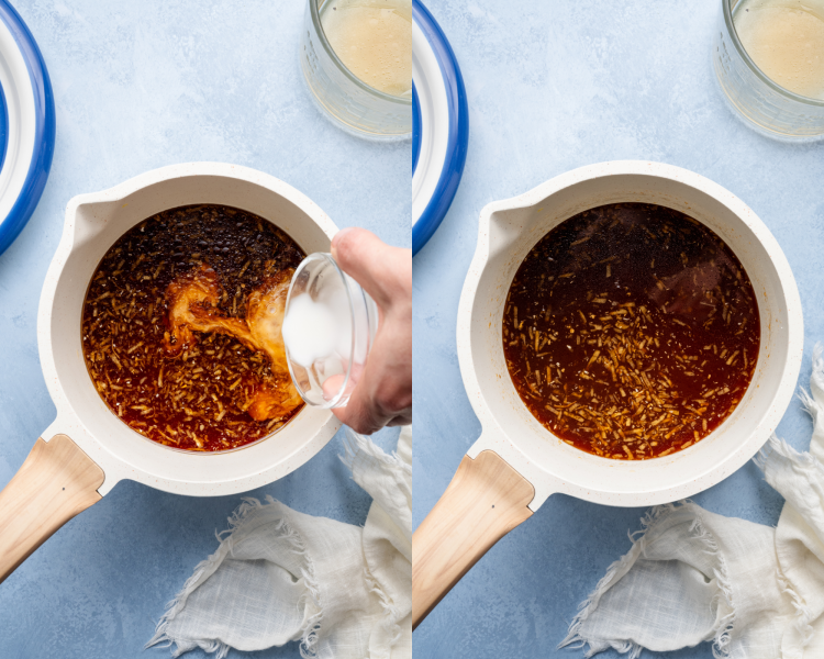 Side-by-side image of adding the cornstach slurry to the sauce in a small saucepan and cooking until thick.