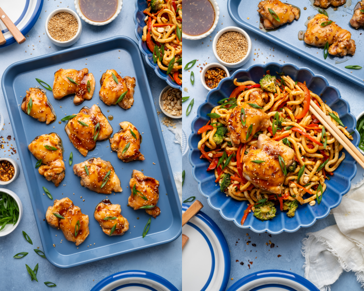Side-by-side image of chicken thighs baked and garnished with sesame seeds and green onions then sliced and served on top of noodles.