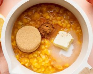 Step-by-step collage showing ingredients for homemade peach filling added to a saucepan, including diced peaches, brown sugar, cinnamon, butter, and sugar. In the second frame, cream is being poured into the simmering peach mixture as it cooks down.