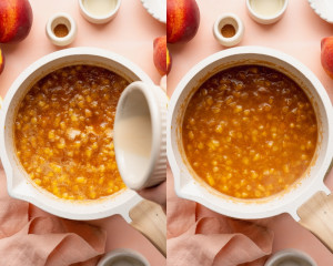 Two-frame collage showing peach cobbler filling cooking in a saucepan. The first frame shows cream being poured into the bubbling peach mixture, and the second frame shows the thickened peach filling after cooking.