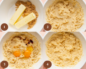 Four-frame collage demonstrating the beginning of the cookie dough process. Butter and sugars are added to a mixing bowl, creamed together until light and fluffy, then eggs and vanilla are mixed in until combined.