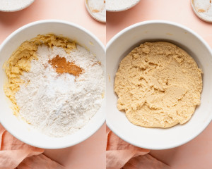 Two-frame collage showing dry ingredients added to the cookie dough and mixed together. The second frame shows the finished soft cookie dough fully combined in the mixing bowl.