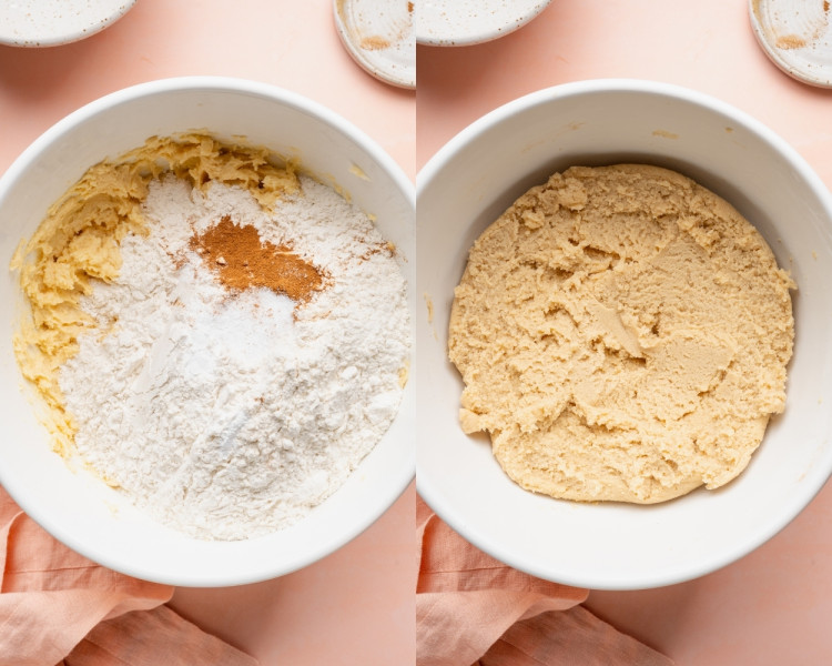 Two-frame collage showing dry ingredients added to the cookie dough and mixed together. The second frame shows the finished soft cookie dough fully combined in the mixing bowl.