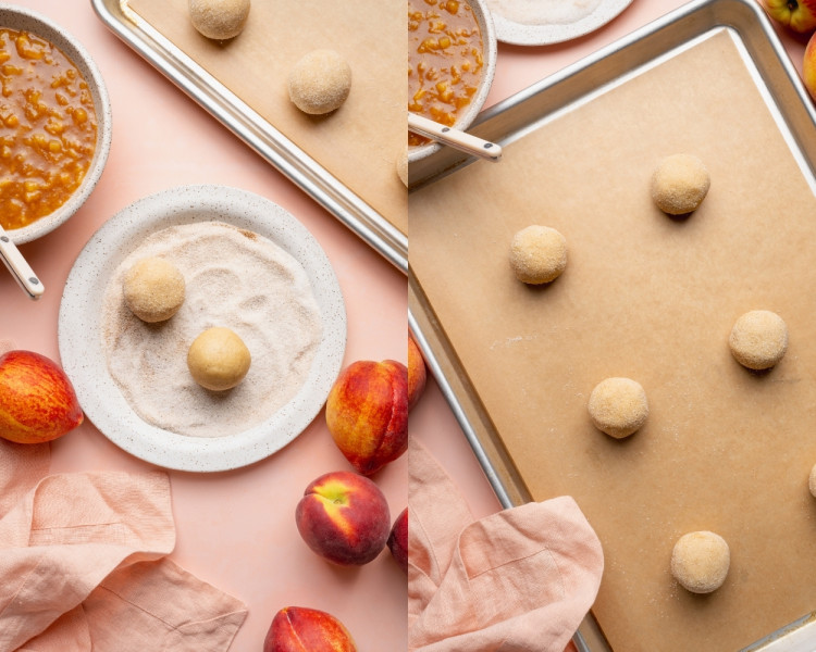Two-frame collage showing cookie dough balls rolled in cinnamon sugar and arranged on a parchment-lined baking sheet. Bowls of peach filling and fresh peaches are styled around the baking tray.