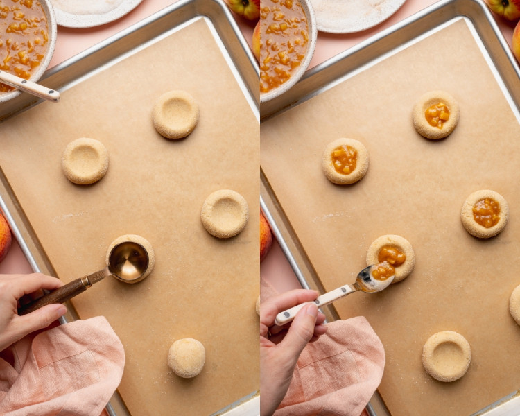 Two-frame collage showing baked cookie dough pressed with a measuring spoon to create wells, then filled with peach cobbler filling using a spoon before baking.