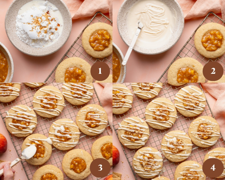 Four-frame collage showing the finishing steps for peach cobbler cookies. The first frame shows powdered sugar and cream being combined for the glaze, the second frame shows smooth white glaze in a bowl, the third frame shows glaze being drizzled over the peach-filled cookies, and the fourth frame shows the finished cookies topped with glaze and graham cracker crumbs.
