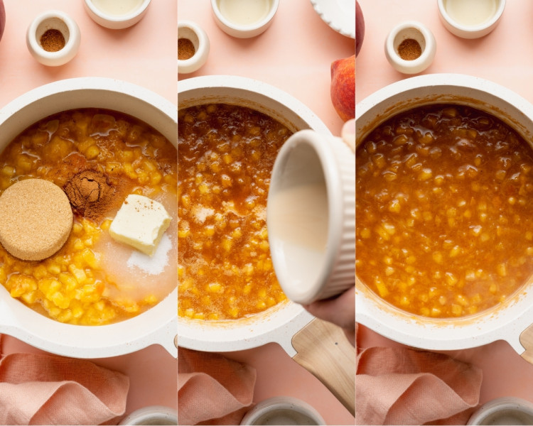 Three-panel collage showing the peach filling process. The first panel shows diced peaches, brown sugar, butter, cinnamon, and other filling ingredients added to a saucepan. The second panel shows cream being poured into the simmering peach mixture, and the third panel shows the finished thickened peach filling after cooking.