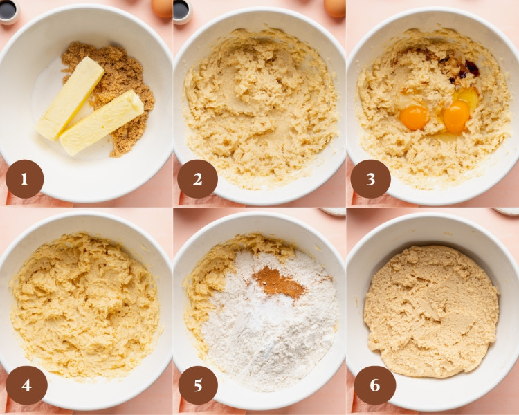Six-panel collage demonstrating how to make the cookie dough. Butter and sugars are added to a mixing bowl, creamed until light and fluffy, then mixed with eggs and vanilla. The dry ingredients are added and mixed in until a soft cookie dough forms.
