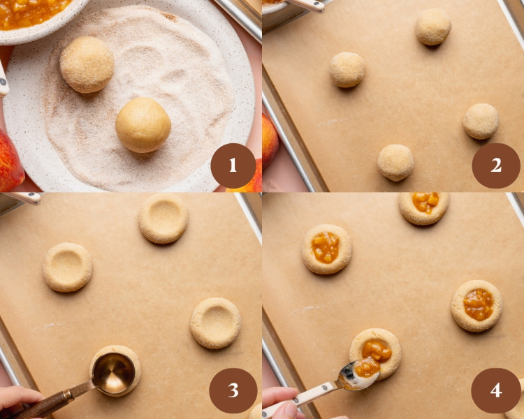 Four-panel collage showing how to shape and fill the cookies. Cookie dough balls are rolled in cinnamon sugar, placed on a parchment-lined baking sheet, pressed to create shallow wells, and filled with chilled peach cobbler filling.