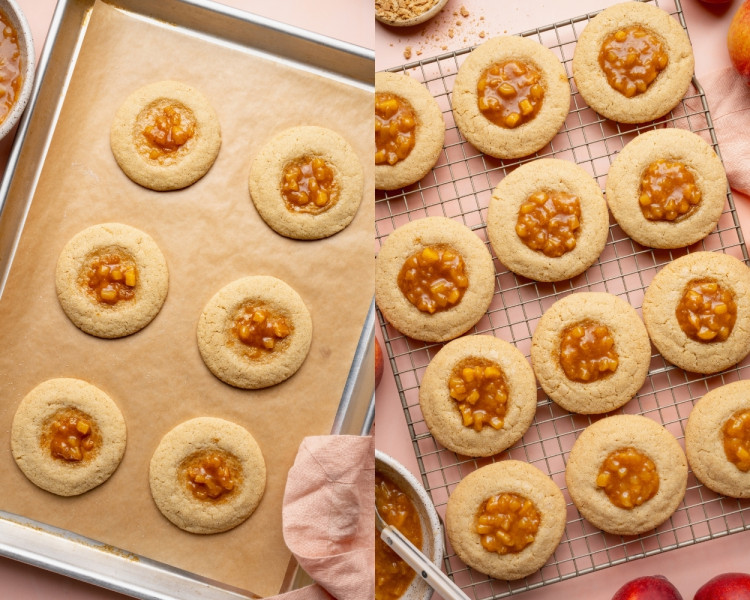 Two-panel collage showing baked peach cobbler cookies. The first panel features freshly baked cookies on a baking sheet with peach filling in the centers. The second panel shows the cookies cooling on a wire rack before glazing and garnishing.