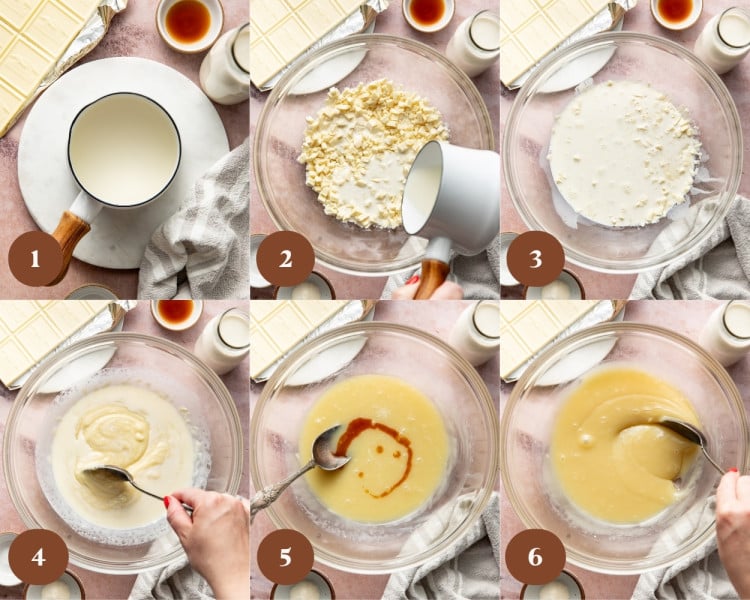 Six-panel overhead collage showing the process of making the white chocolate base for mousse: heating cream, pouring warm cream over chopped white chocolate, letting it sit to melt, stirring until smooth, adding vanilla extract, and mixing until glossy and creamy.