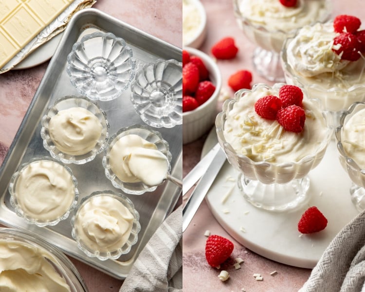 Two-panel collage showing white chocolate mousse being spooned into scalloped glass dessert cups on a sheet pan, followed by the finished mousse garnished with fresh raspberries and white chocolate shavings on a marble serving board.