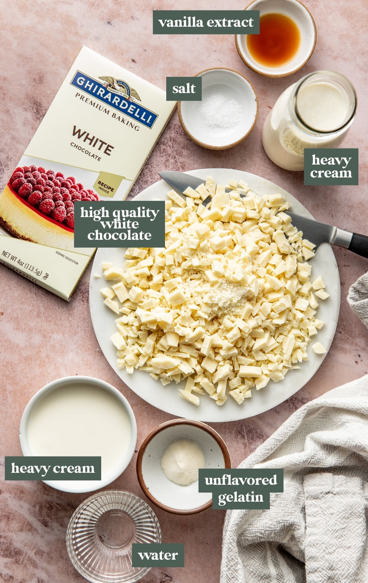 Overhead ingredient shot for white chocolate mousse featuring chopped white chocolate on a marble board with a knife, heavy cream, vanilla extract, salt, gelatin, and water in small bowls. Ingredient labels are placed beside each item on a pink background with a linen towel.