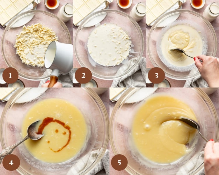 Two-panel collage showing heavy cream in a glass bowl beside a hand mixer, followed by whipped cream beaten to soft peaks with visible swirls and texture.