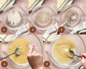 Four-panel collage showing whipped cream being added to the cooled white chocolate mixture and gently folded together with a spatula until smooth, light, and fluffy.