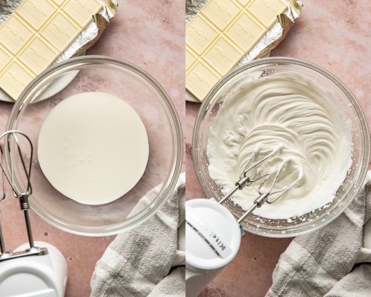 Overhead image of white chocolate mousse being spooned into scalloped glass dessert dishes arranged on a metal sheet pan, with some dishes already filled.