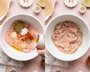 Side-by-side image of mixing all the ingredients together for chicken breakfast sausage.