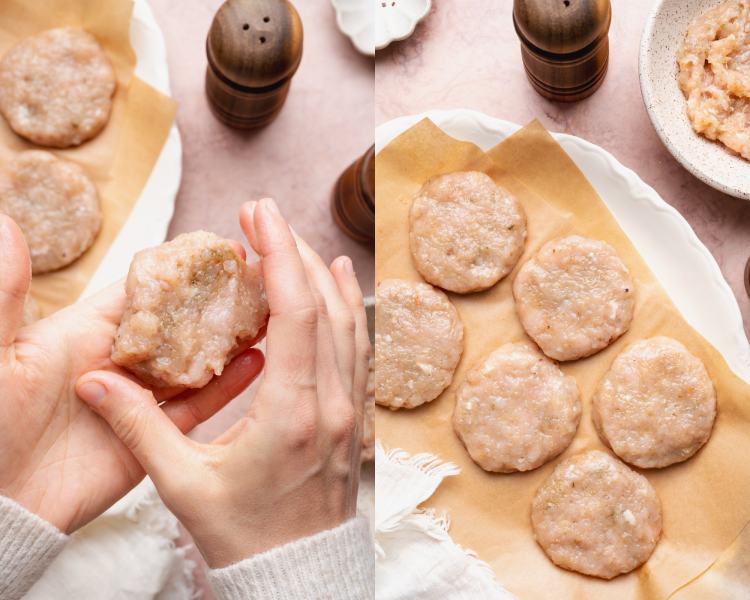 Side-by-side image of forming chicken sausage patties.