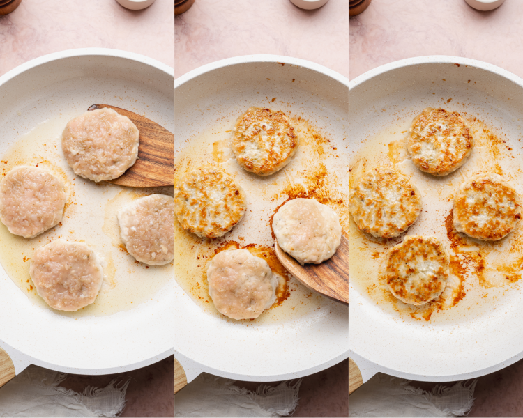 Three images side-by-side showing how to cook the sausage patties on a skillet on the stovetop.