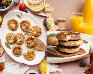 Side-by-side of cooked breakfast sausage patties on a plate then three patties stacked on a wooden spatula with a bite taken out of the top patty.