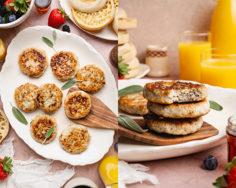 Side-by-side of cooked breakfast sausage patties on a plate then three patties stacked on a wooden spatula with a bite taken out of the top patty.