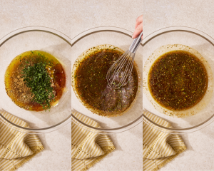 Three images side-by-side showing whisking all the ingredients together for the carne asada marinade.