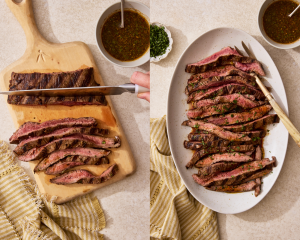 Side-by-side image of slicing the grilled carne asada on a wood cutting board then serving on a white oval serving plate.