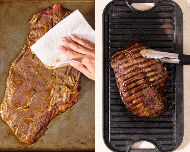 Side-by-side image of patting the flank steam dry then grilling it on a grill pan.