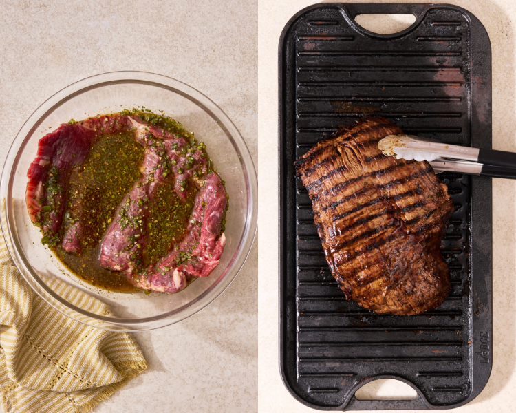 Side-by-side image of preparing the carne asada in the marinade then grilling it.