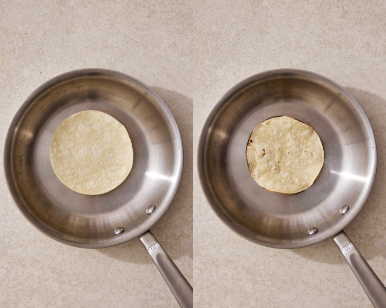 Side-by-side image of warming the tortilla in a dry skillet.