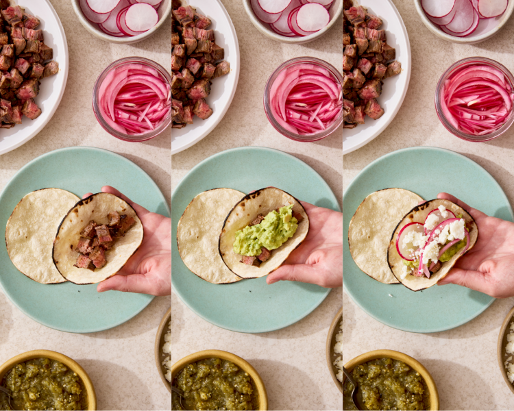 Three images side-by-side showing how to assemble the carne asada tacos.