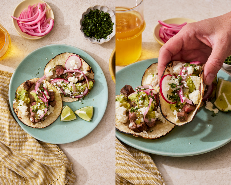 Side by side image of two carne asada tacos on a plate then a hand picking up one of the tacos.