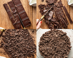 Four images showing how to finely chop the chocolate on a wooden cutting board then placing the chocolate into a heatproof bowl.
